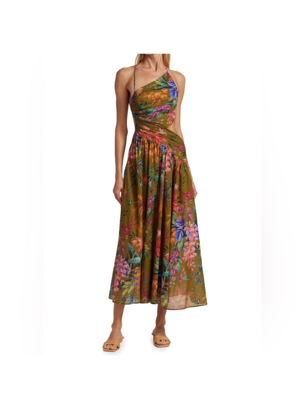 Zimmermann Olive Green Floral One-Shoulder Backless Midi Dress